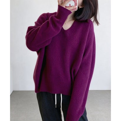 Vネック ニットトップス長袖セーター秋冬 （ブラック）｜詳細画像