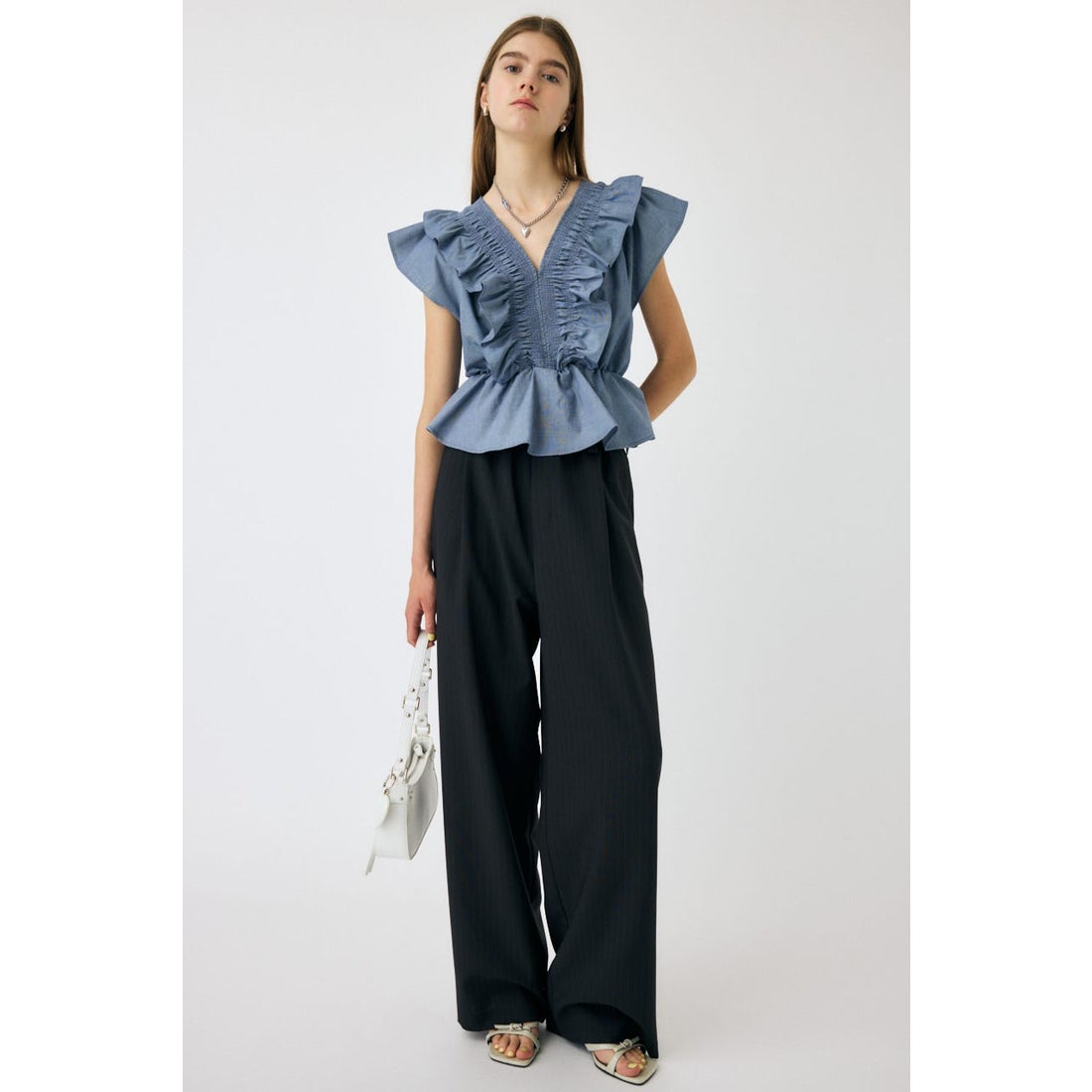 マウジー MOUSSY SHIRRING RUFFLE PEPLUM トップス BLU （BLU 