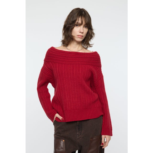 OVER RIB OFF SHOULDER トップス RED