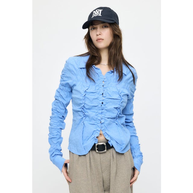 BUTTON UP SHIRRING シャツ BLU