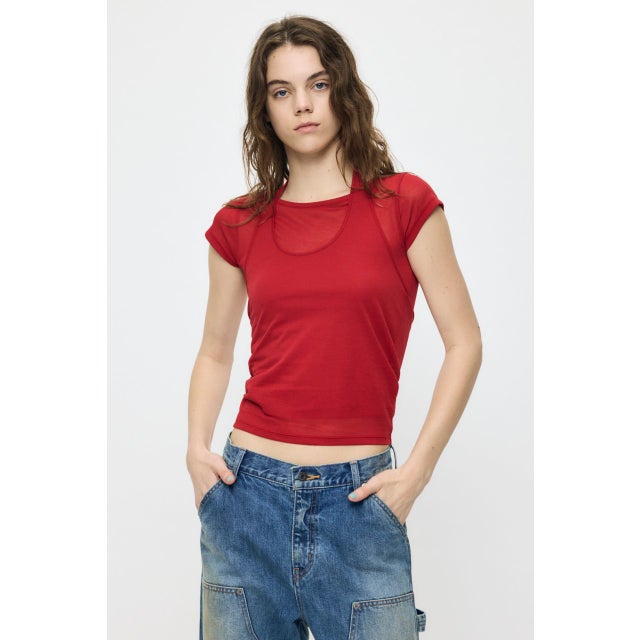 SHEER DOUBLE LAYERED トップス RED