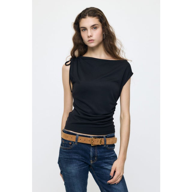 ASYMMETRY NECK RIBBON トップス BLK