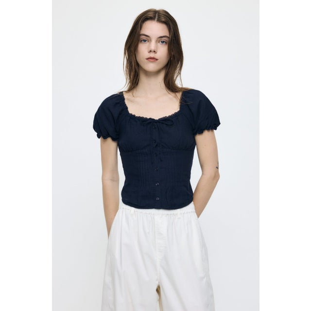 LINEN BLEND WAIST FIT ブラウス NVY