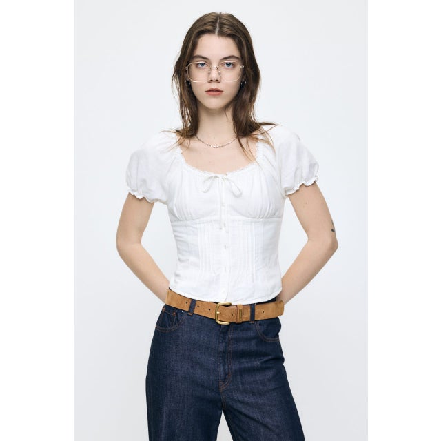 LINEN BLEND WAIST FIT ブラウス WHT