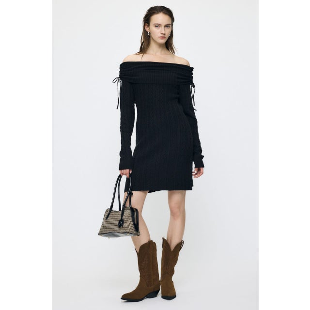 KNIT OFF SHOULDER MINI ドレス BLK