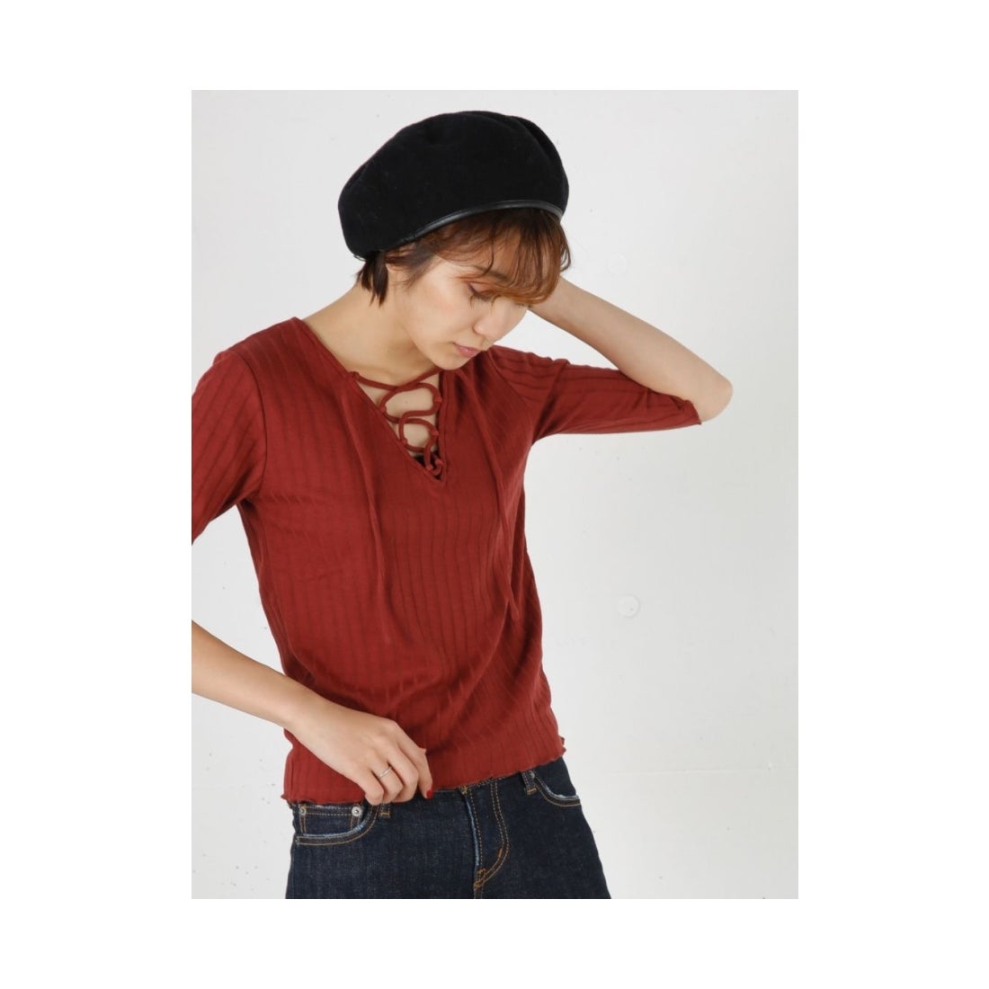 MOUSSY moussy レースアップトップス ダークレッド -靴＆ファッション 