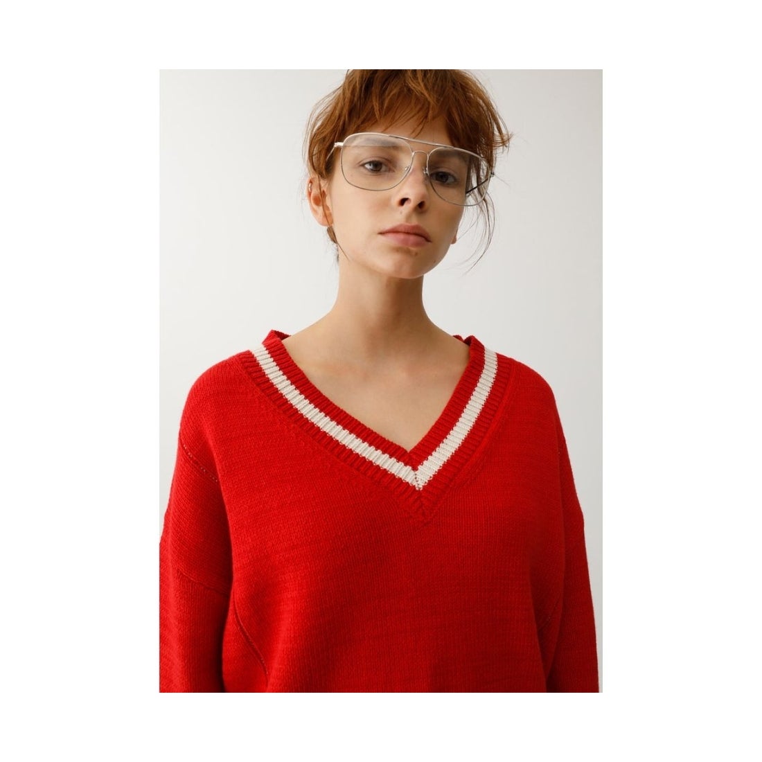 MOUSSY マウジー moussy LINELOOSEVNECKニットトップス （柄レッド 