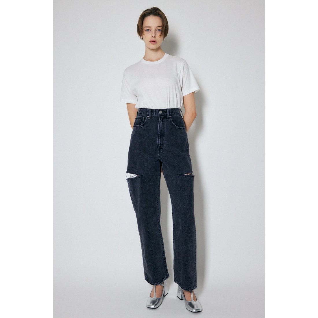 MOUSSY THIGH SLIT BLK LOOSE STRAIGHT BLK -ファッション通販 FASHION 