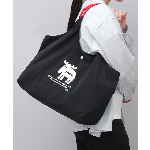 トートバッグ A4対応 軽量 ナイロン 刺繍 12L 広マチ 折りたたみ サブバッグ エコバッグ （ブラック）
