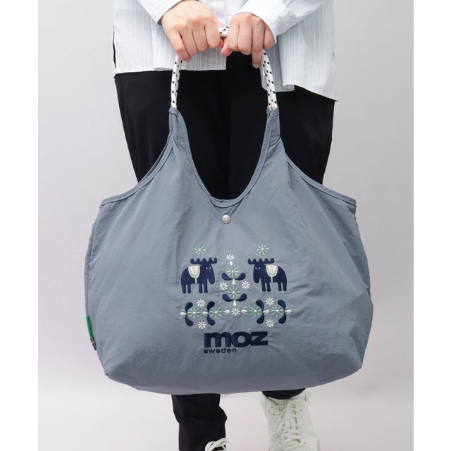 トートバッグ A4対応 軽量 ナイロン 刺繍 12L 広マチ 折りたたみ サブバッグ エコバッグ （ブルーグレー）