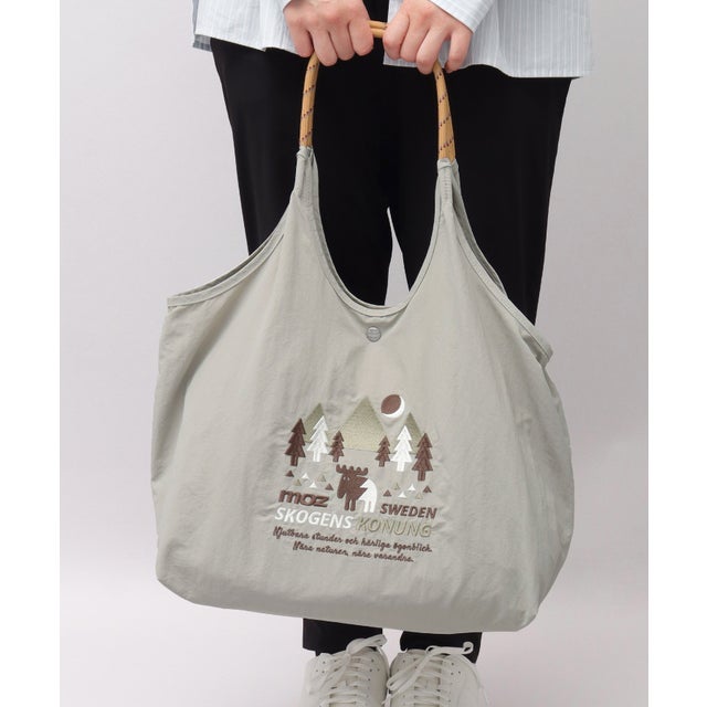 トートバッグ A4対応 軽量 ナイロン 刺繍 12L 広マチ 折りたたみ サブバッグ エコバッグ （グレージュ）