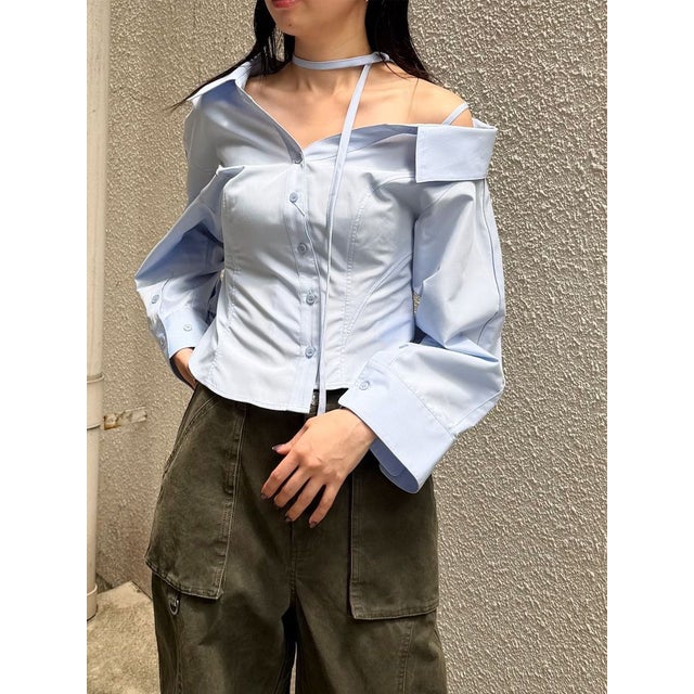 マルチウェイオフショルストリングシャツ （ブルー）