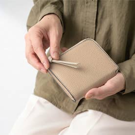 シュリンクレザー シボ革 L字ファスナー コンパクト ミニ 二つ折り財布 （ベージュ）