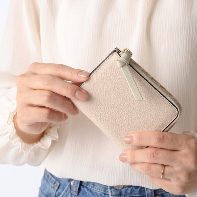 シュリンクレザー シボ革 L字ファスナー コンパクト ミニ 二つ折り財布 （ライトピンク）