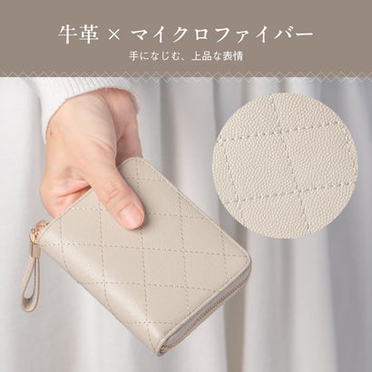 キルティング 牛革 ラウンドファスナー スキミング防止 ミニ コンパクト 二つ折り財布 （ブラウン）｜詳細画像