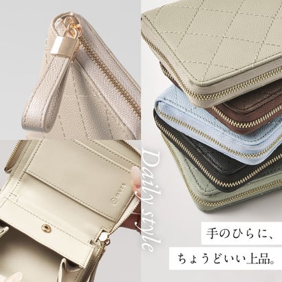 キルティング 牛革 ラウンドファスナー スキミング防止 ミニ コンパクト 二つ折り財布 （グレージュ）｜詳細画像