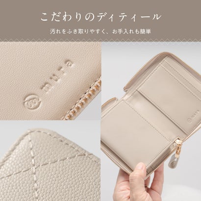 キルティング 牛革 ラウンドファスナー スキミング防止 ミニ コンパクト 二つ折り財布 （ペールブルー）｜詳細画像