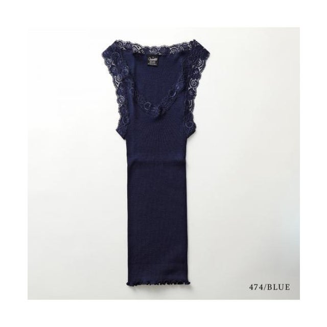 3410 レース付き リブ タンクトップ ウール シルク （474/BLUE-ネイビー）