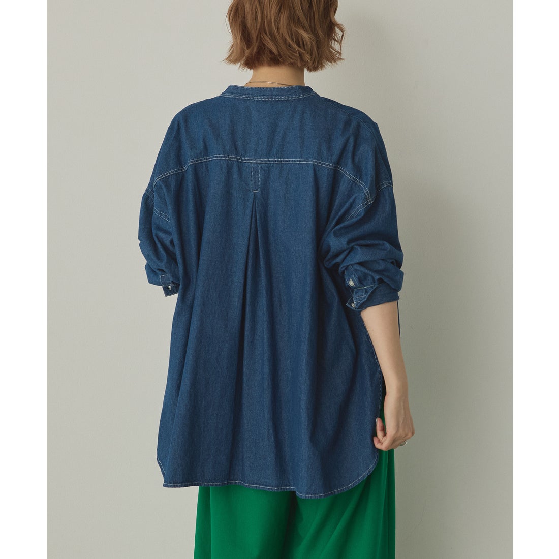 ノイア Noia デニム バンドカラーシャツ （ネイビー） - ファッション 