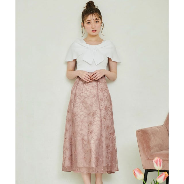 フラワー刺繍チュールスカート （ピンク）