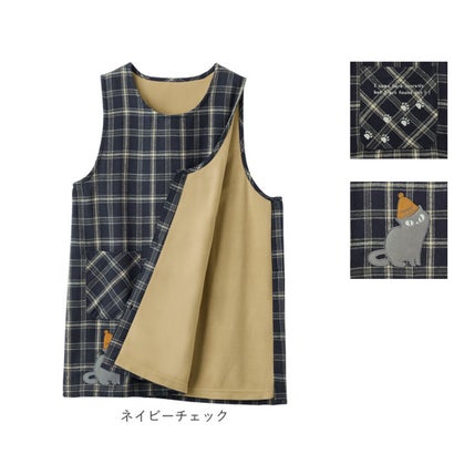 裏フリースネコ柄チュニックエプロン （ネイビーチェック）｜詳細画像