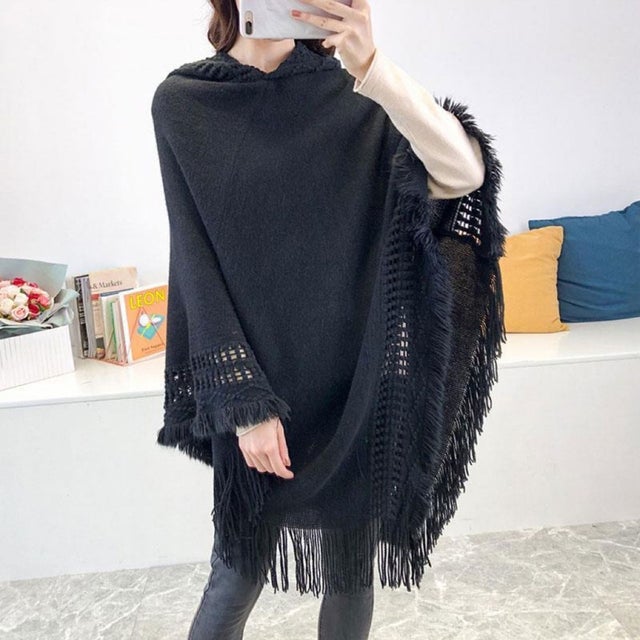 ポンチョカーディガン ニット フード付き （ブラック）
