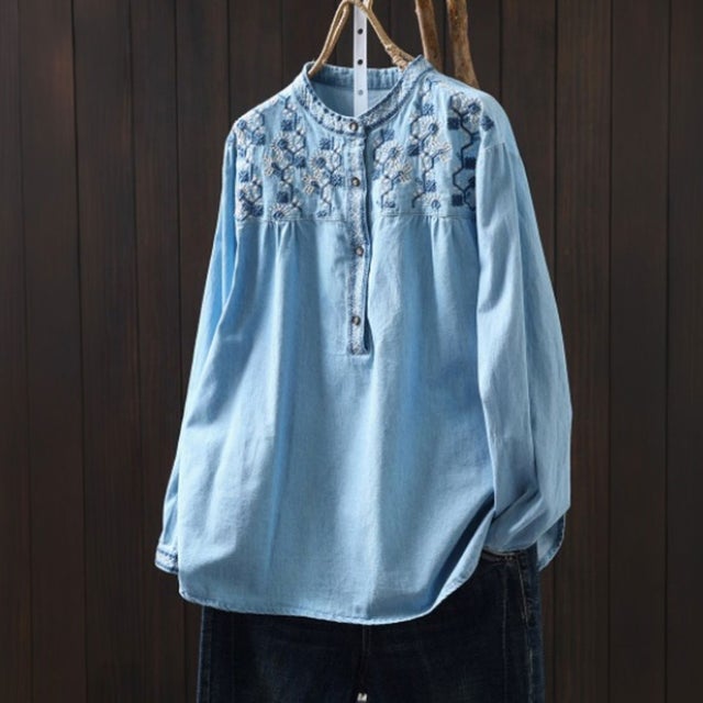 デニムシャツ 刺繍 レディース ロングシャツ 花柄 （ライトブルー）
