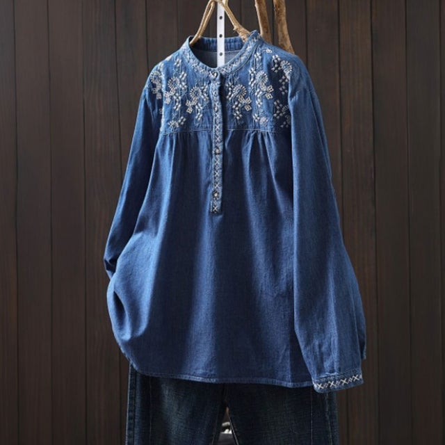 デニムシャツ 刺繍 レディース ロングシャツ 花柄 （ブルー）