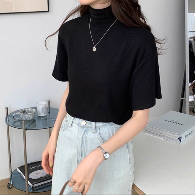 半袖Tシャツ ハイネック レディース （ブラック）