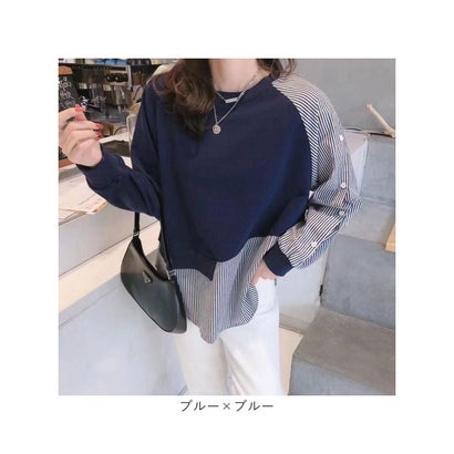長袖トップス カジュアル クルーネックカットソー （ホワイト×ブルー）｜詳細画像