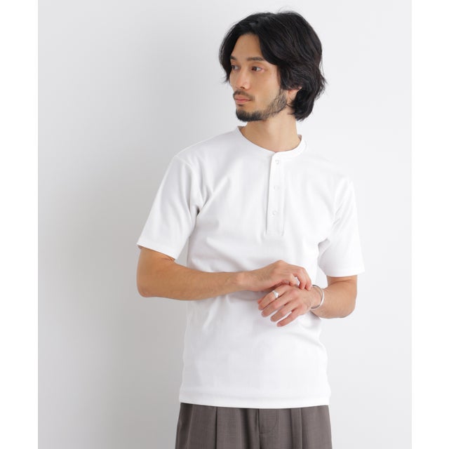 コンパクトヘンリーネックTシャツ 半袖 （ホワイト）