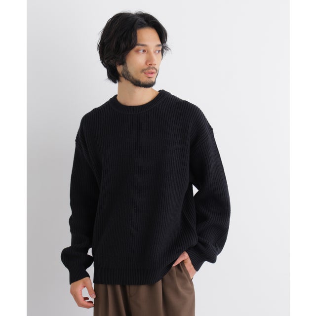 コットンMIXバルキークルーネックニット （ブラック）