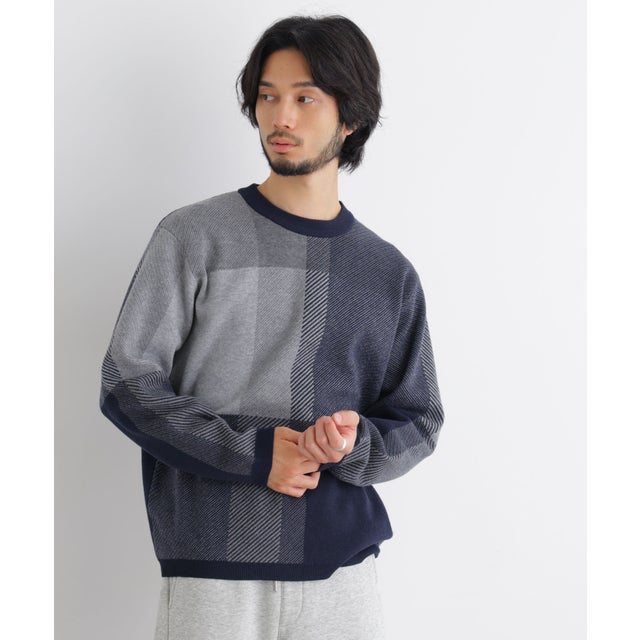 ブロックチェッククルーネックニット （ネイビー）