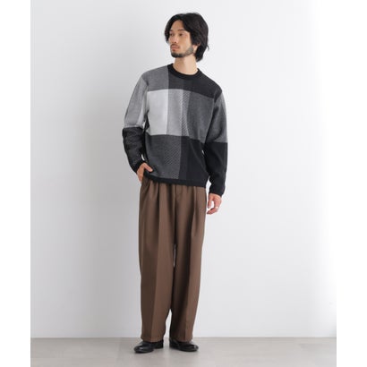 ブロックチェッククルーネックニット （ブラウン）｜詳細画像