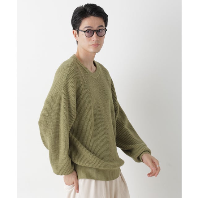 ワイドフィット畔編クルーネックニット ◇ （グリーン）