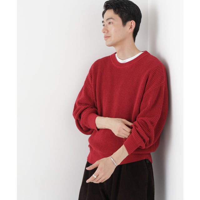 ワイドフィット畔編クルーネックニット ◇ （レッド）