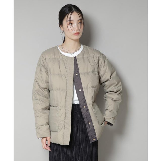 撥水加工ライトダウン リバーシブルノーカラージャケット （オリーブ）