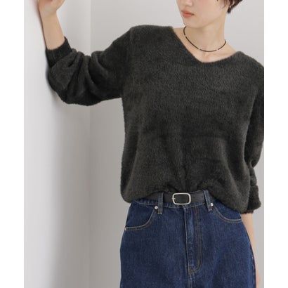 ミニフェザーヤーンニットVネックトップス （ブルー）｜詳細画像