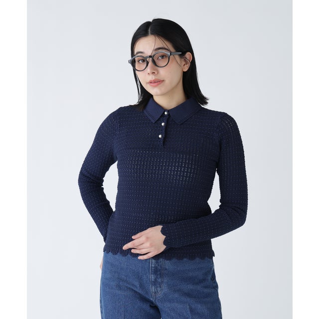 〈NAVY NAVY〉襟が取り外せるアイレットジャガードニット （ネイビー）