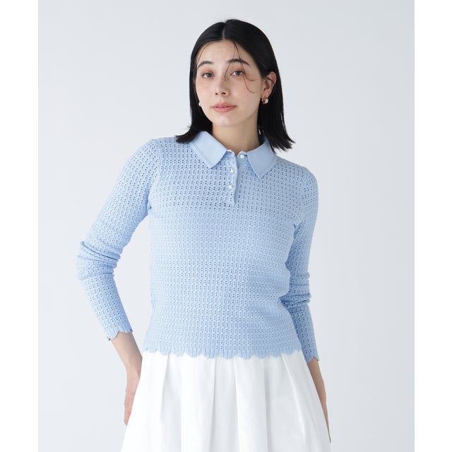 〈NAVY NAVY〉襟が取り外せるアイレットジャガードニット （ブルー）