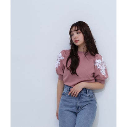ナチュラルビューティーベーシック NATURAL BEAUTY BASIC フラワー刺繍パフスリーブニット （チャコール1）｜詳細画像