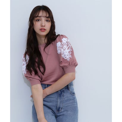 ナチュラルビューティーベーシック NATURAL BEAUTY BASIC フラワー刺繍パフスリーブニット （チャコール1）｜詳細画像