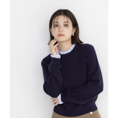 ナチュラルビューティーベーシック NATURAL BEAUTY BASIC ストライプフリルネックニット （ミディアムグレー2）｜詳細画像