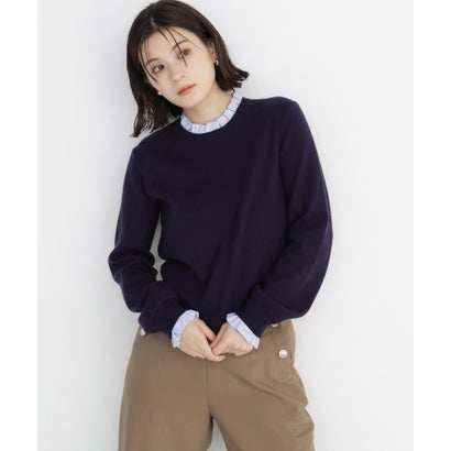 ナチュラルビューティーベーシック NATURAL BEAUTY BASIC ストライプフリルネックニット （ミディアムグレー2）｜詳細画像