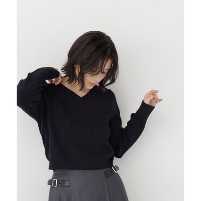 ナチュラルビューティーベーシック NATURAL BEAUTY BASIC ケーブルショートニット （ネイビー）｜詳細画像