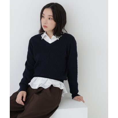 ナチュラルビューティーベーシック NATURAL BEAUTY BASIC ミニケーブルVネックニット （ブルー）｜詳細画像