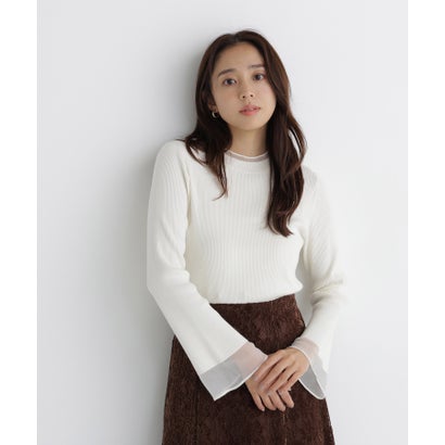 ナチュラルビューティーベーシック NATURAL BEAUTY BASIC シアーフレアカフスリブニット （ピンク）｜詳細画像