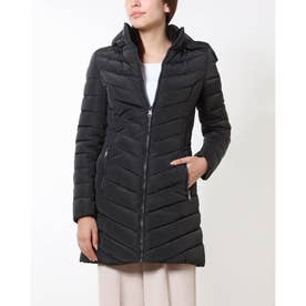 レザー風トリムアクセント 暖かファスナー付フリースポケット＆取り外し可能なフードの長めジャケット （Black）