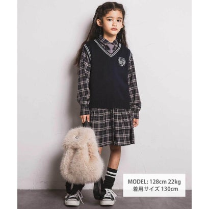 ネクシック nexchic 【お揃い】ネクタイ付きチェックワンピース＆ニットベストセット(110~150cm （ブラウン系）｜詳細画像