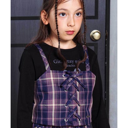 チェックレースアップビスチェ＆ロゴプリントTシャツセット(110~150cm) （ネイビー系）｜詳細画像